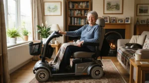 A user relaxing comfortably in a living room while seated in a mid-wheel drive power wheelchair.