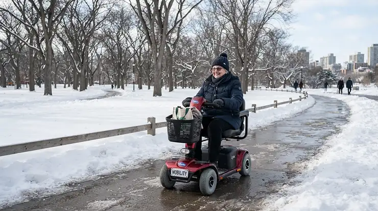 A mid-wheel drive power wheelchair being used on cleared urban sidewalks during a snowy Canadian winter day.