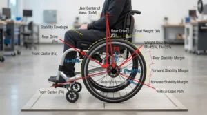 Diagram showing the balanced centre of gravity on a mid-wheel drive power wheelchair.