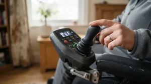 Detailed view of the ergonomic joystick and control features on a mid-wheel drive power wheelchair.