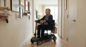 A person navigating a tight hallway in a modern apartment using a mid-wheel drive power wheelchair.