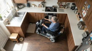 Demonstrating the tight turning radius of a mid-wheel drive power wheelchair in a compact kitchen space.