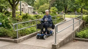 Ramp and curb performance by drive type demonstrated on a concrete ramp with a mid-wheel drive vs rear-wheel drive power wheelchair.