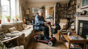 A person navigating a mid-wheel drive vs rear-wheel drive power wheelchair through a narrow Canadian living room.