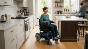 Choosing a drive type for home use illustrated by a mid-wheel drive vs rear-wheel drive power wheelchair making a tight pivot in a kitchen.