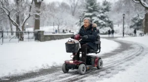 Comparing rear-wheel vs mid-wheel drive stability on a snowy Canadian winter sidewalk with a mid-wheel drive vs rear-wheel drive power wheelchair.
