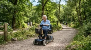 Evaluating outdoor vs indoor drive-type suitability using a mid-wheel drive vs rear-wheel drive power wheelchair on a gravel park path.