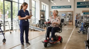 Test-driving a power wheelchair in Canada during a clinical consultation featuring a mid-wheel drive vs rear-wheel drive power wheelchair.