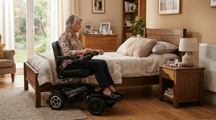 A mid-wheel drive vs rear-wheel drive power wheelchair maneuvering beside a bed in a small Canadian suburban bedroom.