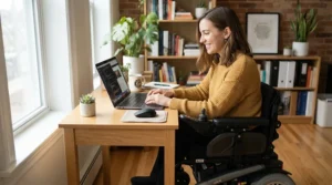 Working from home in a small turning radius power wheelchair for home use tucked under a desk.