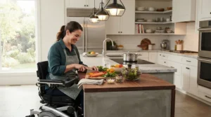A small turning radius power wheelchair for home use positioned neatly by a kitchen counter.
