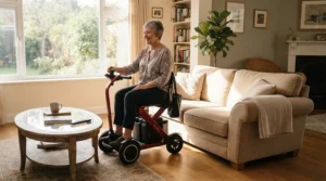 A small turning radius power wheelchair for home use navigating a cozy Canadian living room layout.