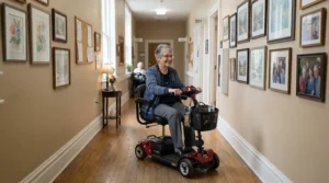 Using a small turning radius power wheelchair for home use smoothly down a narrow hallway.
