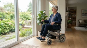 A small turning radius power wheelchair for home use approaching a sliding glass door to a balcony.