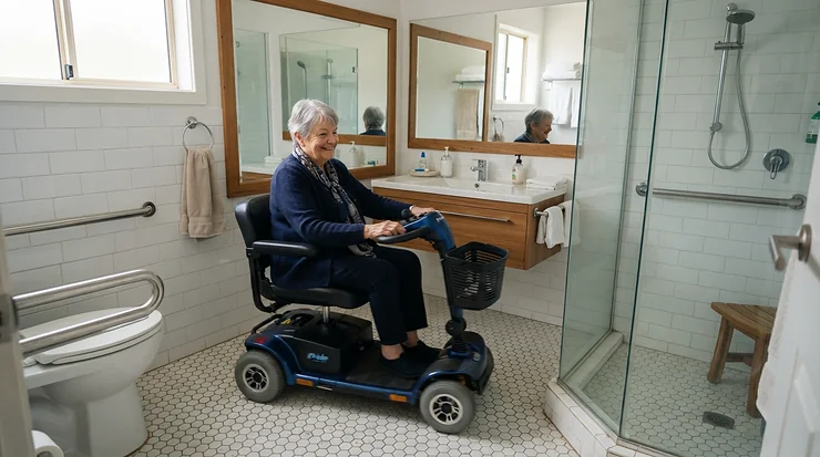 A small turning radius power wheelchair for home use showing exceptional indoor maneuverability in a compact bathroom.